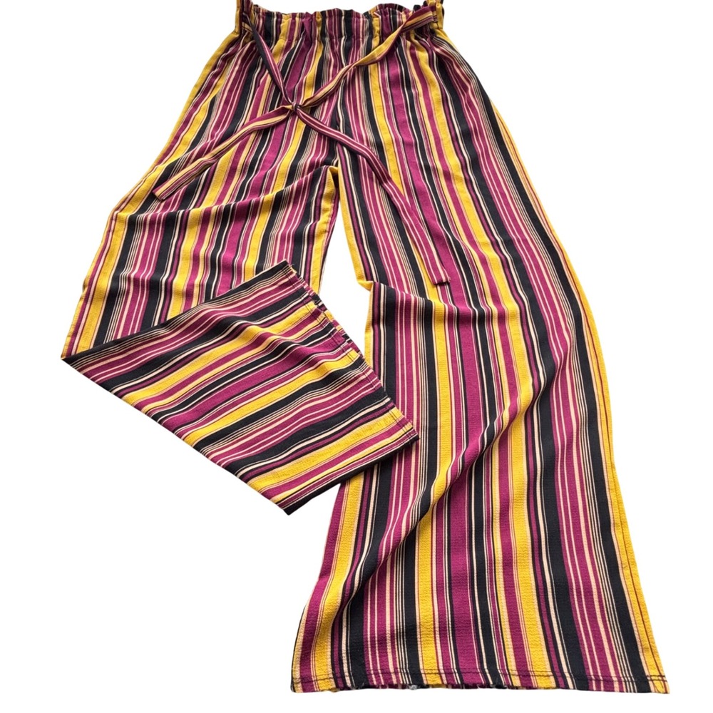 Rainbow‎ Wide Leg Pants Women XL Yellow Burgundy Striped Made in USA Boho Retro